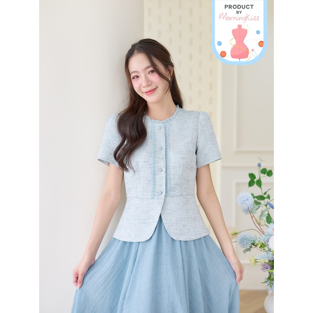 01-356 เสื้อแขนสั้นผ้าทวีตโทนสีฟ้า ดีไซน์เข้ารูป Graciella Blue Tweed Blouse - 7 ไซส์