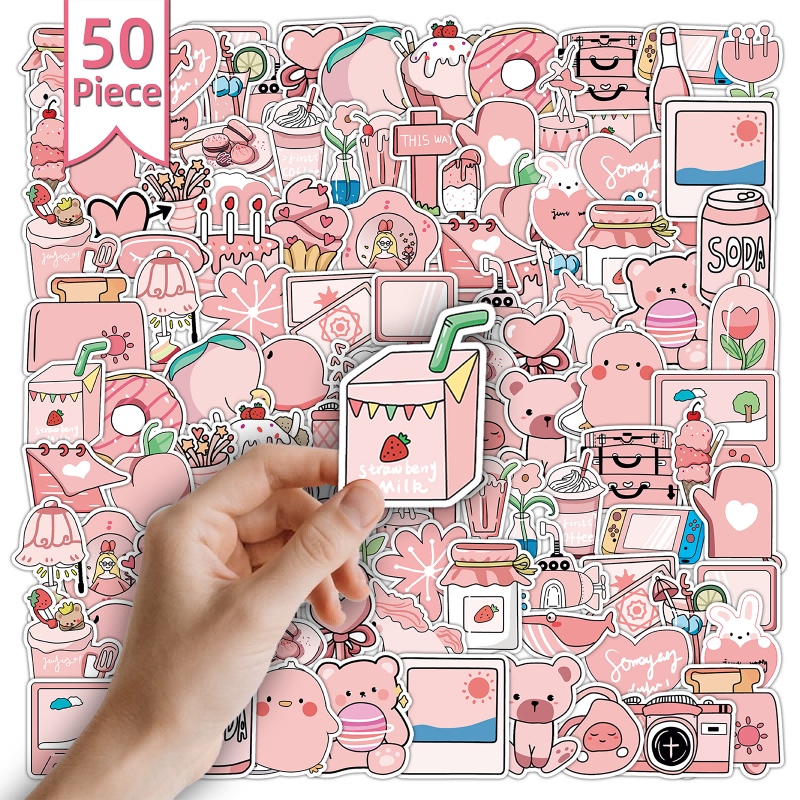 50 แผ่นสติกเกอร์การ์ตูนสีชมพูน่ารักกันน้ำสามารถติดถ้วยน้ำรายการอื่น ๆ DIY สำหรับแล็ปท็อป