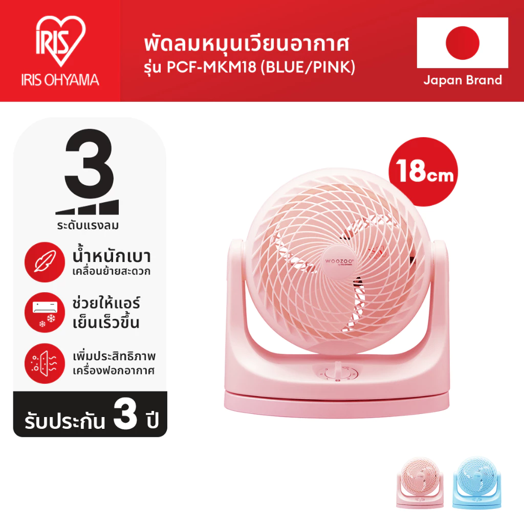 (3 Years warranty) IRIS OHYAMA ไอริส โอยามะ พัดลมหมุนเวียนอากาศ พัดลมตั้งโต๊ะ WOOZOO รุ่น PCF-MKM18 สีชมพู สีฟ้า น่ารัก