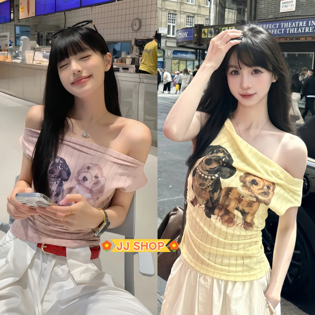 JJ Shop​💜พร้อมส่ง เสื้อไหมพรมเปิดไหล่ แขนสั้น ลายน้องหมา สีชมพูเหลืองน่ารักๆ "M1086"