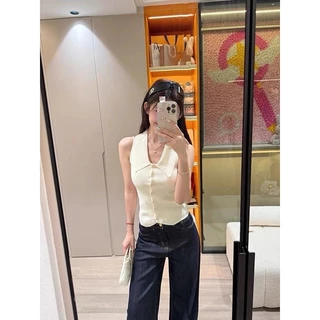 Cicishop(TZ8016) เสื้อไหมพรมแขนกุดคอปก แต่งกระดุม ทรงรัดรูป แฟชั่นสไตล์สาวเท่