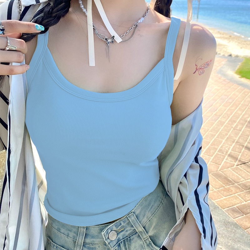 (S-3XL) เสื้อกล้ามสายเดี่ยว มีบราในตัว เสื้อกล้ามหน้าร้อน สีเบสิก สีพื้นเปิดไหล่ สำหรับสตรี นุ่มและใ