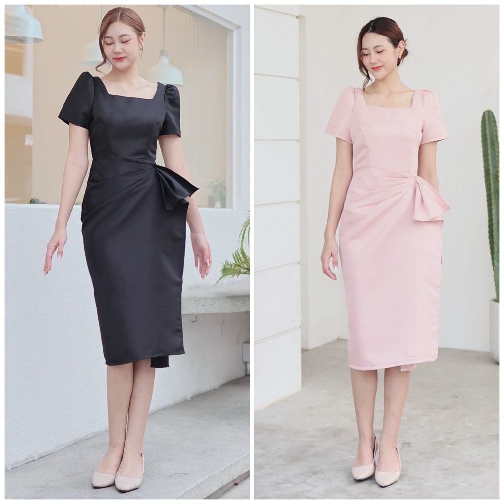 LX3201 คอเหลี่ยมแขนสั้น กระโปรงสอบจีบข้าง ชุดไปงานแต่ง ชุดออกงาน เดรสเพื่อนเจ้าสาว [LUXURY707]