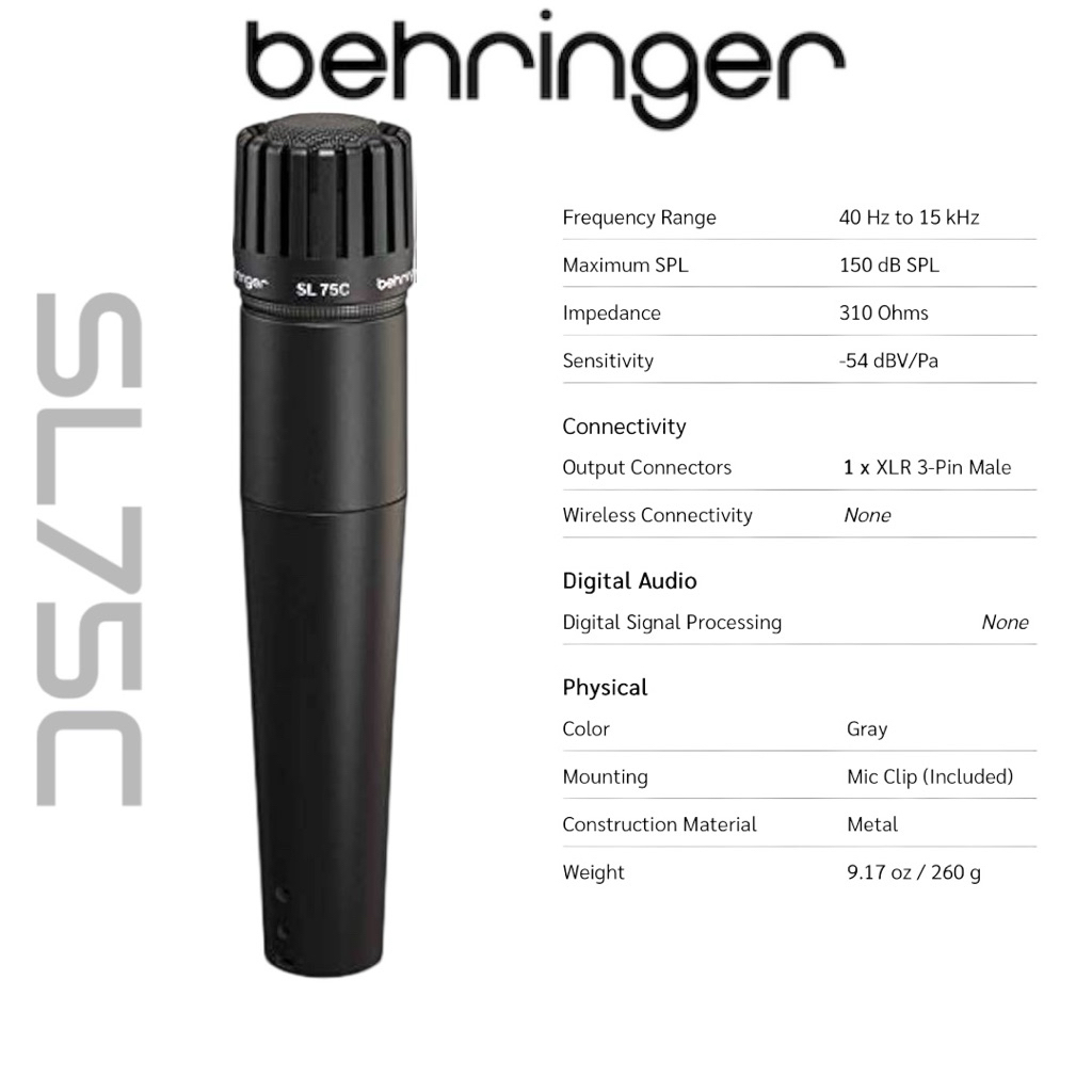 BEHRINGER SL 75C Dynamic Mic ไมโครโฟนประเภท Dynamic สำหรับเครื่องดนตรี ซึ่งเป็นไมโครโฟนคุณภาพระดับมื