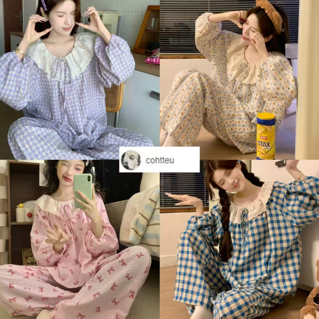 (ราคาถูกที่สุด) ชุดนอนผู้หญิง， ผ้าฝ้ายคุณภาพดี， ลูกไม้ที่สวยงาม， ขายาว+เสื้อ，M-2XL