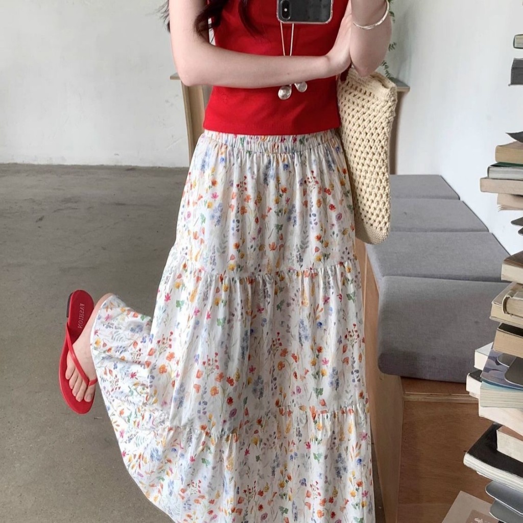 [Sheing office]🌟พร้อมส่ง🌟กระโปรงยาวเอวสูงลายดอกไม้สำหรับผู้หญิง กระโปรงยาวทรงเอที่อ่อนโยนและใช้งานได้หลากหลายพร้อมซับใน