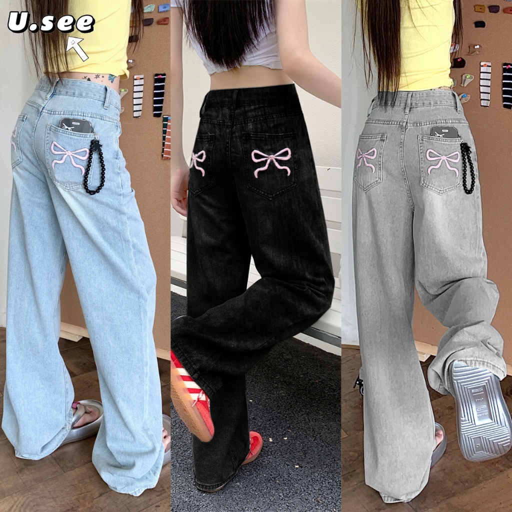กางเกงยีนส์ กางเกงกระบอก งานเกาหลี งานปักลายโบว์ ออกเเบบพิเศษ#1218