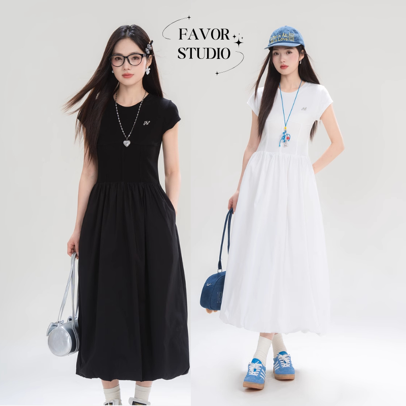 【S-3XL】 เดรสทรงบอลลูน คอกลมแขนสั้น ดีไซน์มินิมอล สไตล์เกาหลี ให้ลุคชิค เข้ารูป เดรสสั้น ยาว