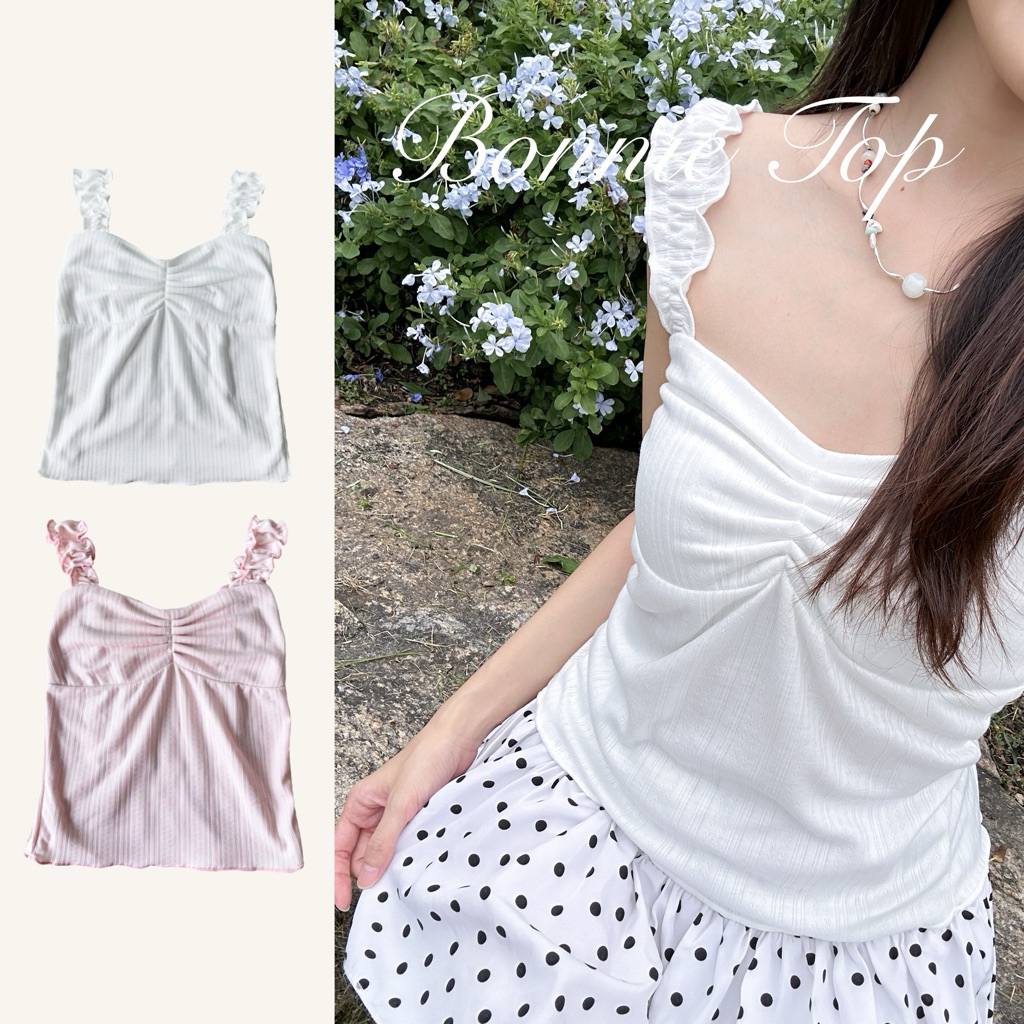 Saturday Mania | ♡ Bonnie Top เสื้อสายเดี่ยวปาดไหล่ ผ้าฉลุ มีซับในตรงอก