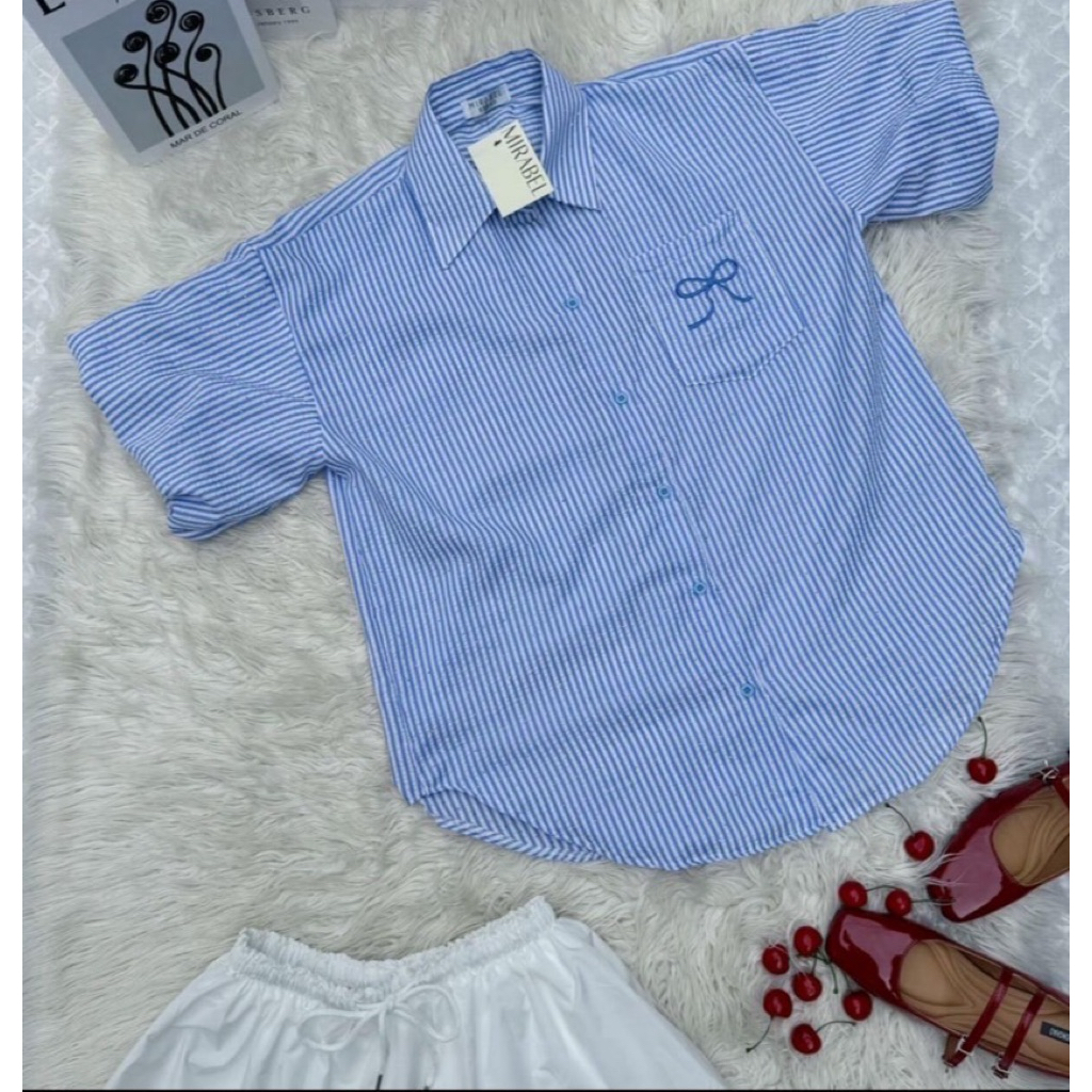 Z21.เสื้อเชิ้ตโอเวอร์ไซส์ แขนบอลลูน ปักเป๋าโบว์ผ้าใส่สบาย อก50” - รูปที่ 5