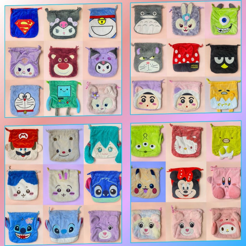 หมีเนย ถุงผ้าลาบูบู้ขนาด. 8 นิ้ว*  8 นิ้วกระเป๋าหูรูดลายการ์ตูน️ขนปุย️ “ไซท์กลาง-ใหญ่” ผ้านุ่ม คุณภาพเยี่ยม