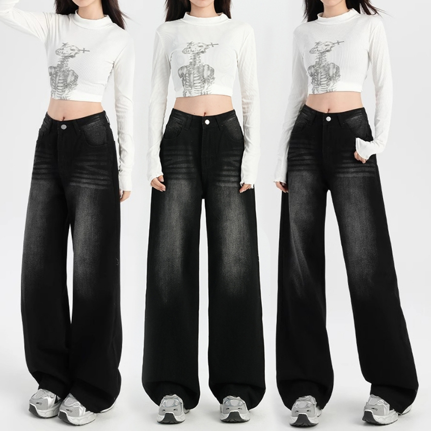 S~5XL ไซส์ใหญ่กางเกงยีนส์ทรงตรงสีดำ เอวสูง ทรงหลวม กางเกงขายาว ทรงหลวมสบาย กางเกงขายาวลำลอง อเนกประสงค์HOT