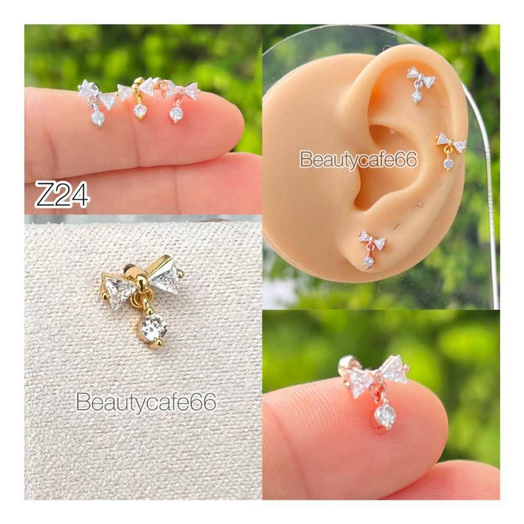 Z24 (1ข้าง) จิวหูรูปโบว์ ต่างหูเพชร Ribbon ก้าน 0.8*6 mm. Stainless 316L