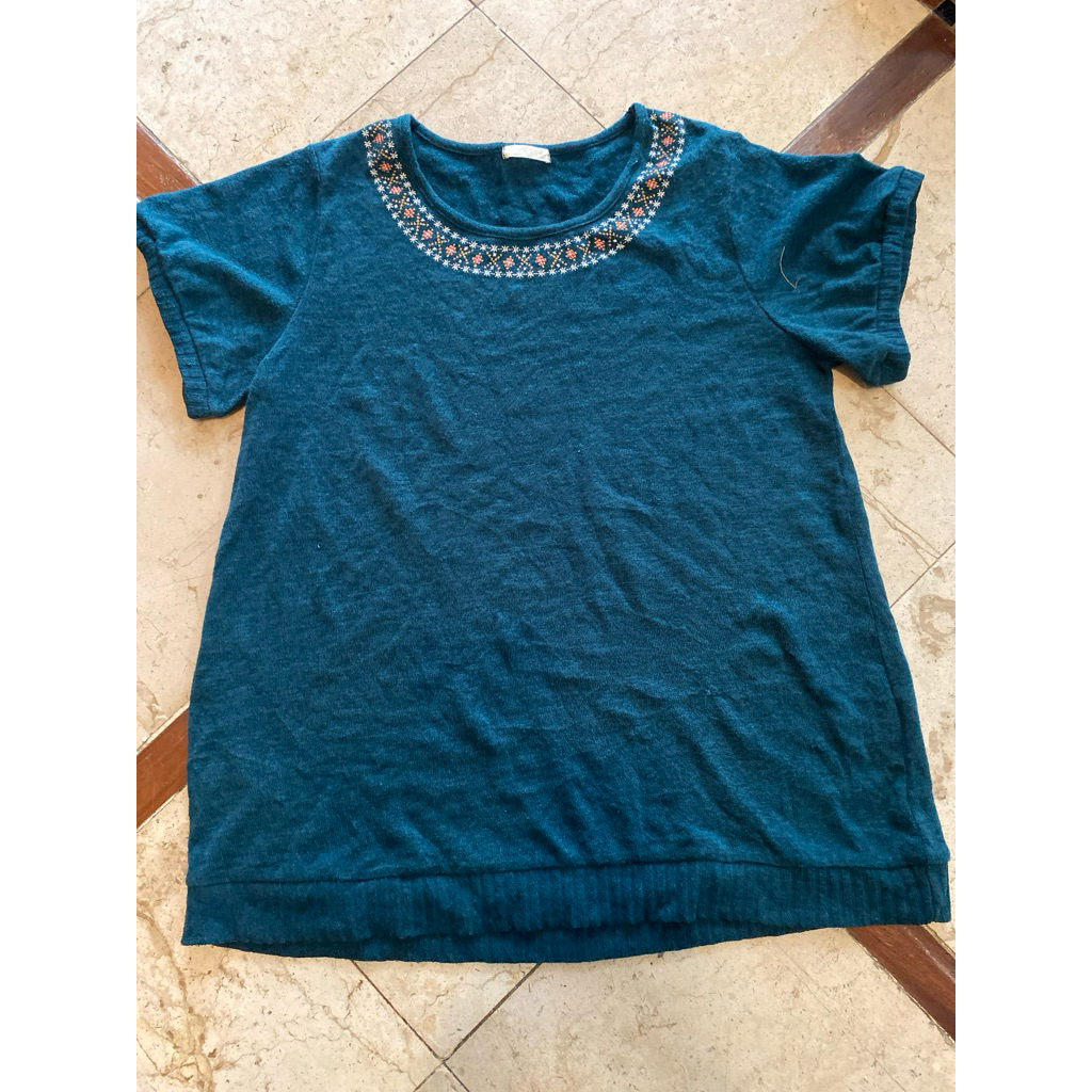 (w16)เสื้อไหมพรมสีเขียว แต่งคอปักลาย คนอก38-40