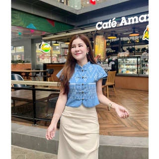 เสื้อผ้าฝ้ายพื้นเมือง คอจีนแต่งชายโค้ง ผ้าพิมพ์ลาย