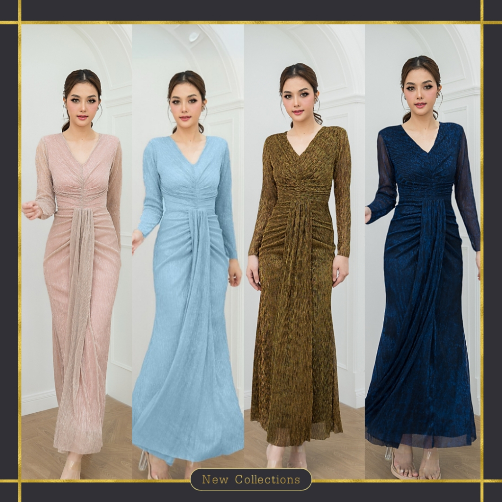 * ❥ S-XL เดรสออกงาน ผ้ากลิตเตอร์ งานป้าย LUXE ชุดราตรี เดรสยาว ชุดงานแต่ง ชุดสีทอง เดรสฟ้า เดรสชมพู