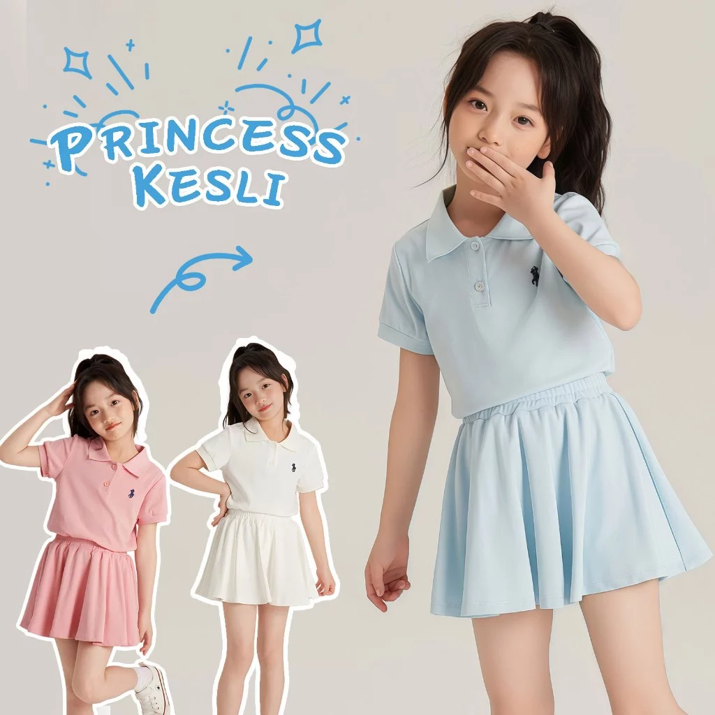 PRINCESS KESLI ชุดสูทเด็กผู้หญิงแฟชั่น ชุดเด็กผู้หญิงสไตล์เกาหลี เสื้อโปโล+กระโปรงสั้น วันแม่ 2-11 ปี