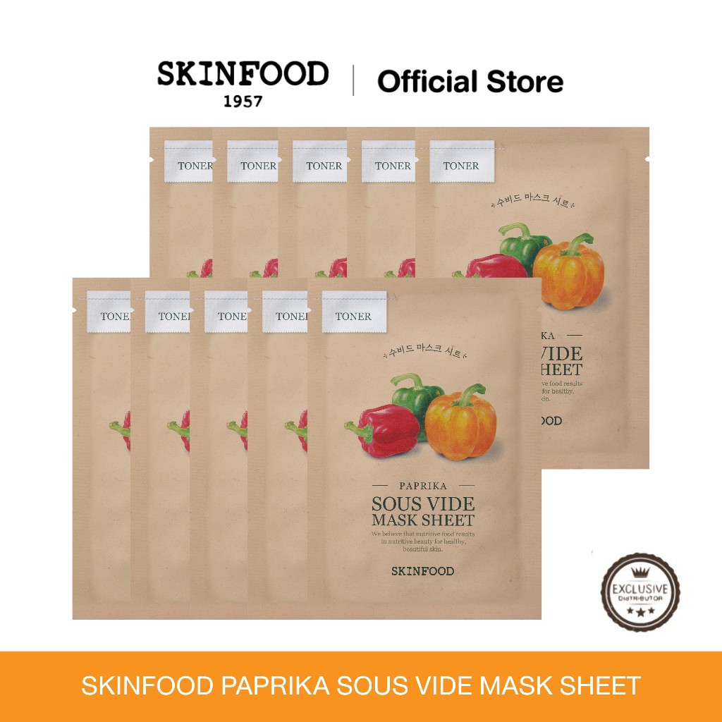 SKINFOOD PAPRIKA SOUS VIDE MASK SHEET 10 ชิ้น มาสก์สูตรโทนเนอร์ ฟื้นบำรุงผิวแห้งกร้านให้กลับมา อิ่มน้ำ ฉ่ำใส 18 g.