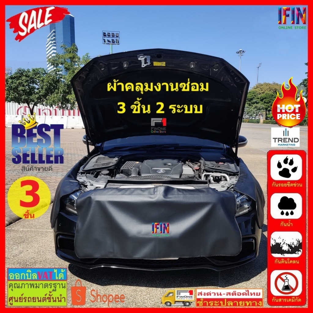 IFIN ผ้าคลุมซ่อมรถยนต์ไม่มีโลโก้ ครบชุด 3 ชิ้น แบบแม่เหล็กและขอเกี่ยว 2 ระบบ No. 2935