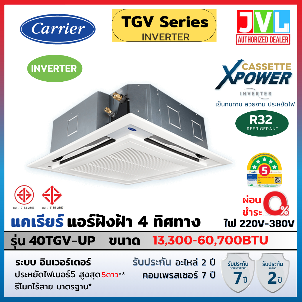 CARRIER แคเรียร์ แอร์ รุ่น TGV Series X-POWER INVERTER CASSETTE แบบ 4 ทิศทาง อินเวอร์เตอร์ R32 เบอร์