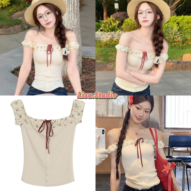 Lisa พร้อมส่ง🌷✨เสื้อยืดเสื้อปาดไหล่สวยๆผู้หญิง เสื้อยืดโชว์ไหล่ มีเชือกผูกได้ ลายดอกไม้ แต่งกแขนระบายเก๋ไก๋ สไตล์เกาหลี