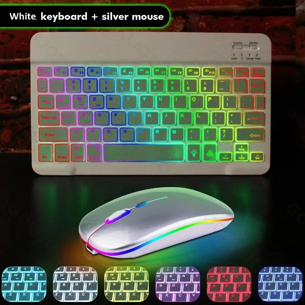 คีย์บอร์ดบลูทูธไร้สาย 10 นิ้ว พร้อมไฟ RGB เมาส์ไร้สาย Bluetooth ใช้ได้กับโทรศัพท์มือถือ แท็บเล็ต แป้นพิมพ์