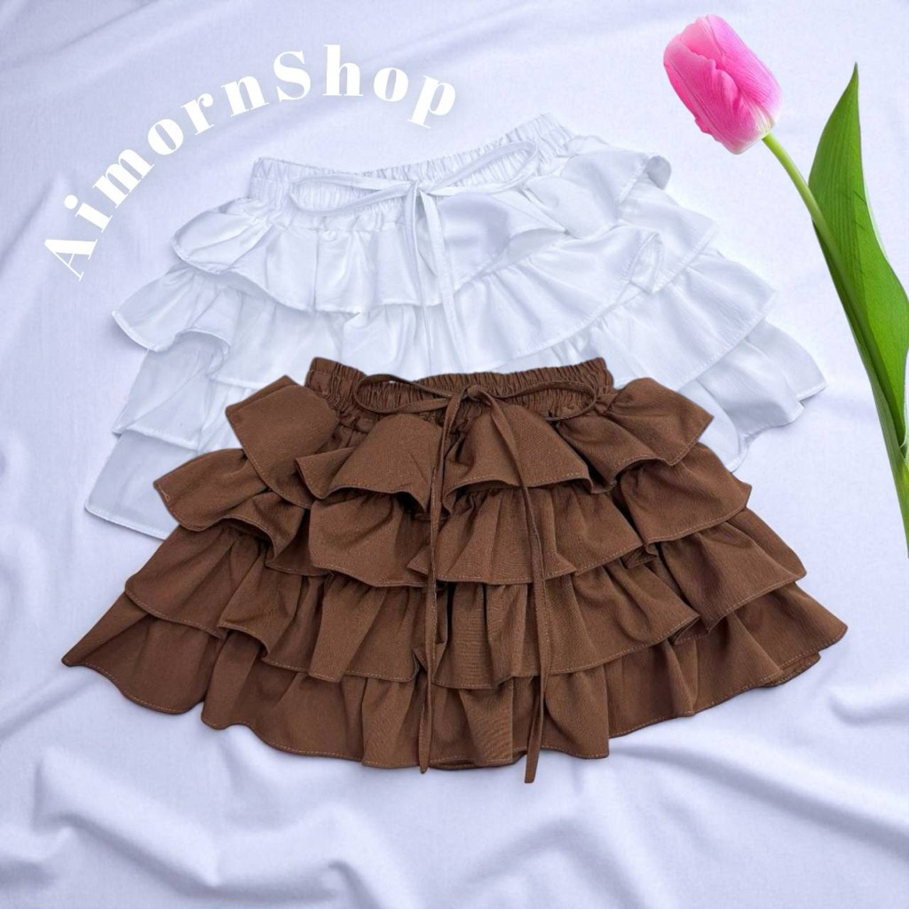 🔥aimorn_shop🔥 กางเกงกระโปรงระบาย 4 ชั้น ดีเทลเเต่งเชือกผูกโบว์ด้านหน้า มีซับในกางเกง งานสวยมากก