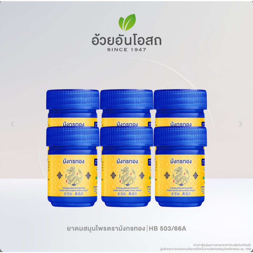 ยาดมสมุนไพร ตรามังกรทอง อ้วยอันโอสถ Golden Dragon brand herbal inhaler สูตรดั้งเดิม และ สูตรดอกไม้หอม (ยกแพค 6 ขวด)