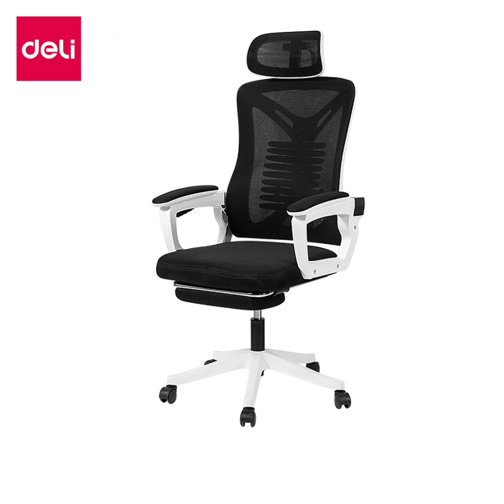 Deli เก้าอี้ทำงาน เก้าอี้สำนักงาน ที่นั่ง ออฟฟิศ มีหมอนรองเอวกระดูกงู แป้นเหยียบแบบยืดหดได้ อุปกรณ์ส
