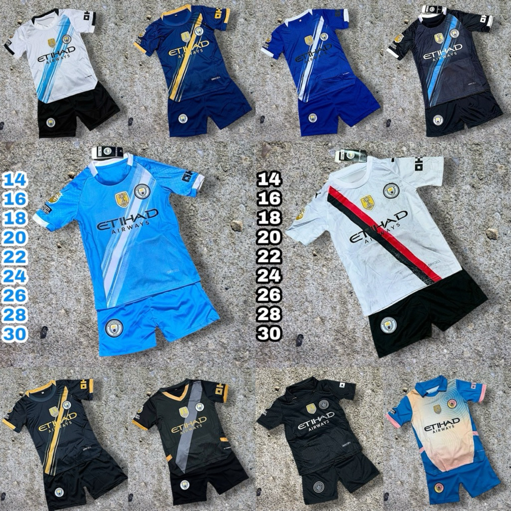 ชุดกีฬาเด็ก แมนซิตี้ ฤดูกาลใหม่ 2025 มีไซส์ 14 ถึง 30 แบบแขนสั้น มีเสื้อและกางเกง
