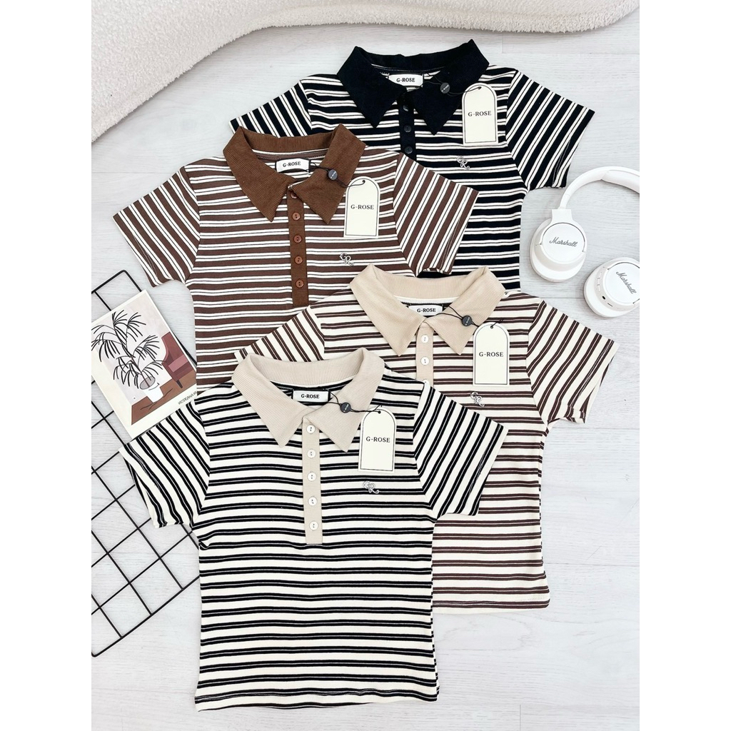 G-rose เสื้อคอปกทรงครอป ผ้าลายทางยืดนุ่ม🧸