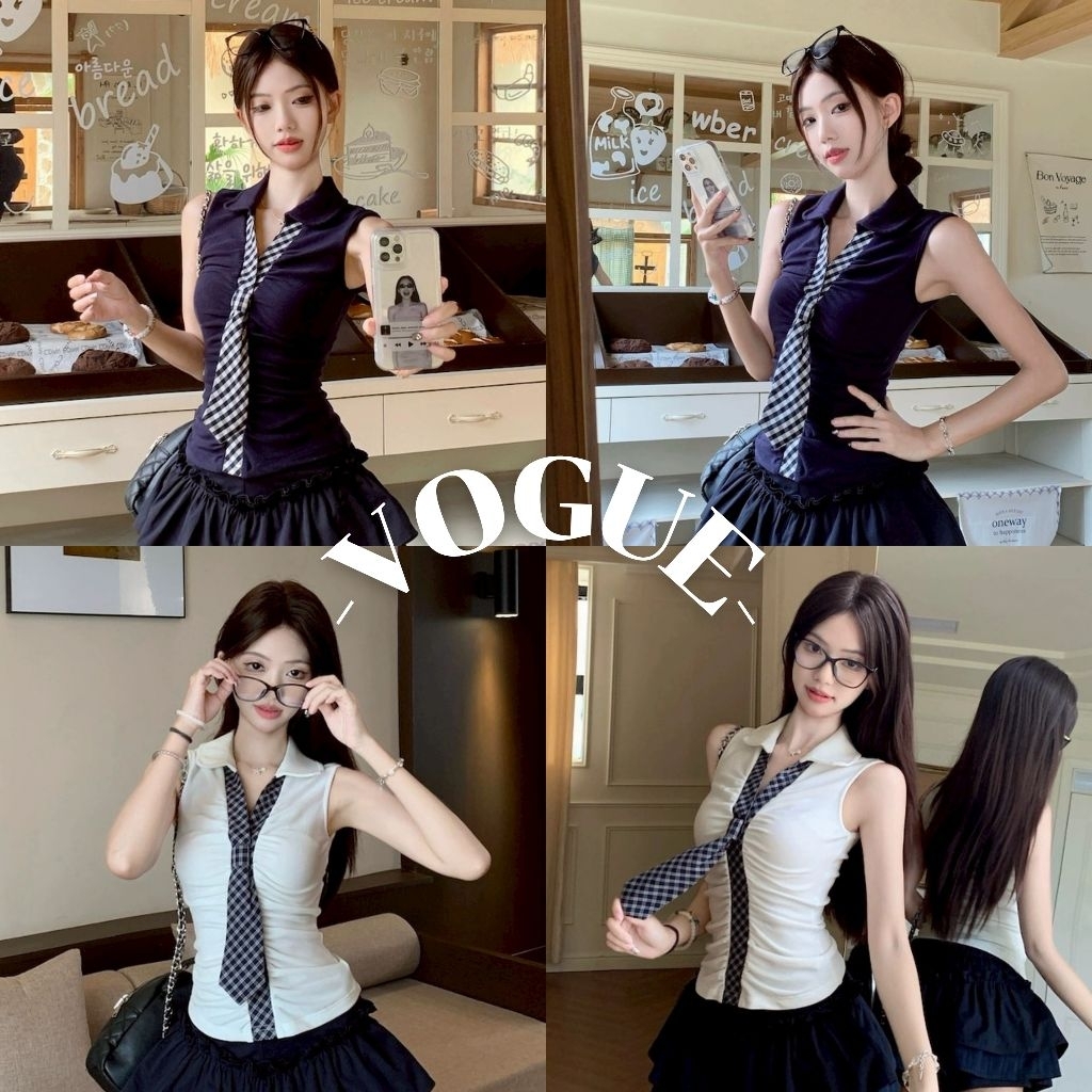 Vogue🌟พร้อมส่ง🌟 เสื้อแขนกุดไหใพรม คอปก สีพื้น ยืดพอดีสไตล์เกาหลี (8K191)