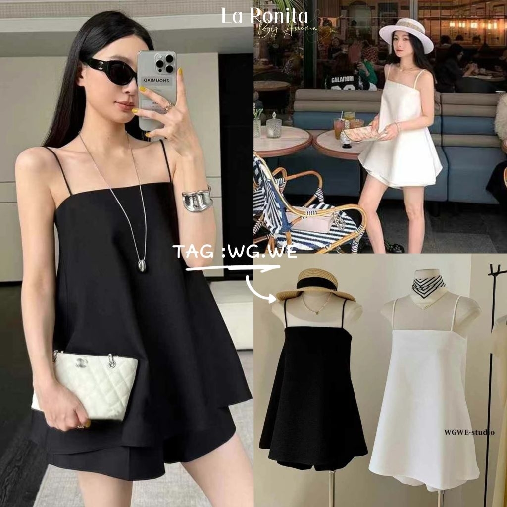 ✅️พร้อมส่งจาก🇹🇭NEW✨️ TAG: WG.WE🇰🇷 *5642 เซท 2ชิ้น ผ้าเนื้อแมท สายเดี่ยวตัวยาวMini dress+กก. 🖤🤍*มีกระเป๋าซับในให้ทั้งตัว