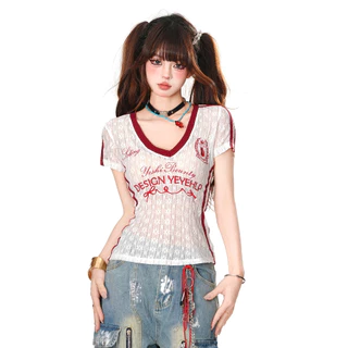 เสื้อยืดผู้หญิง เสื้อยืดลูกไม้เซ็กซี่ ผ้าเบาบาง ใส่สบาย ยืดเยอะ สไตล์อเมริกา #020315