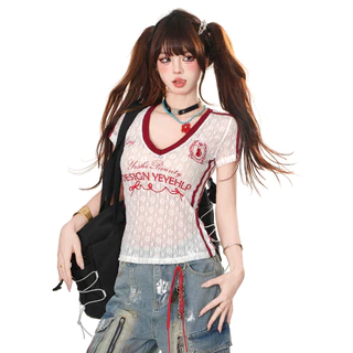 เสื้อยืดผู้หญิง เสื้อยืดลูกไม้เซ็กซี่ ผ้าเบาบาง ใส่สบาย ยืดเยอะ สไตล์อเมริกา #020315