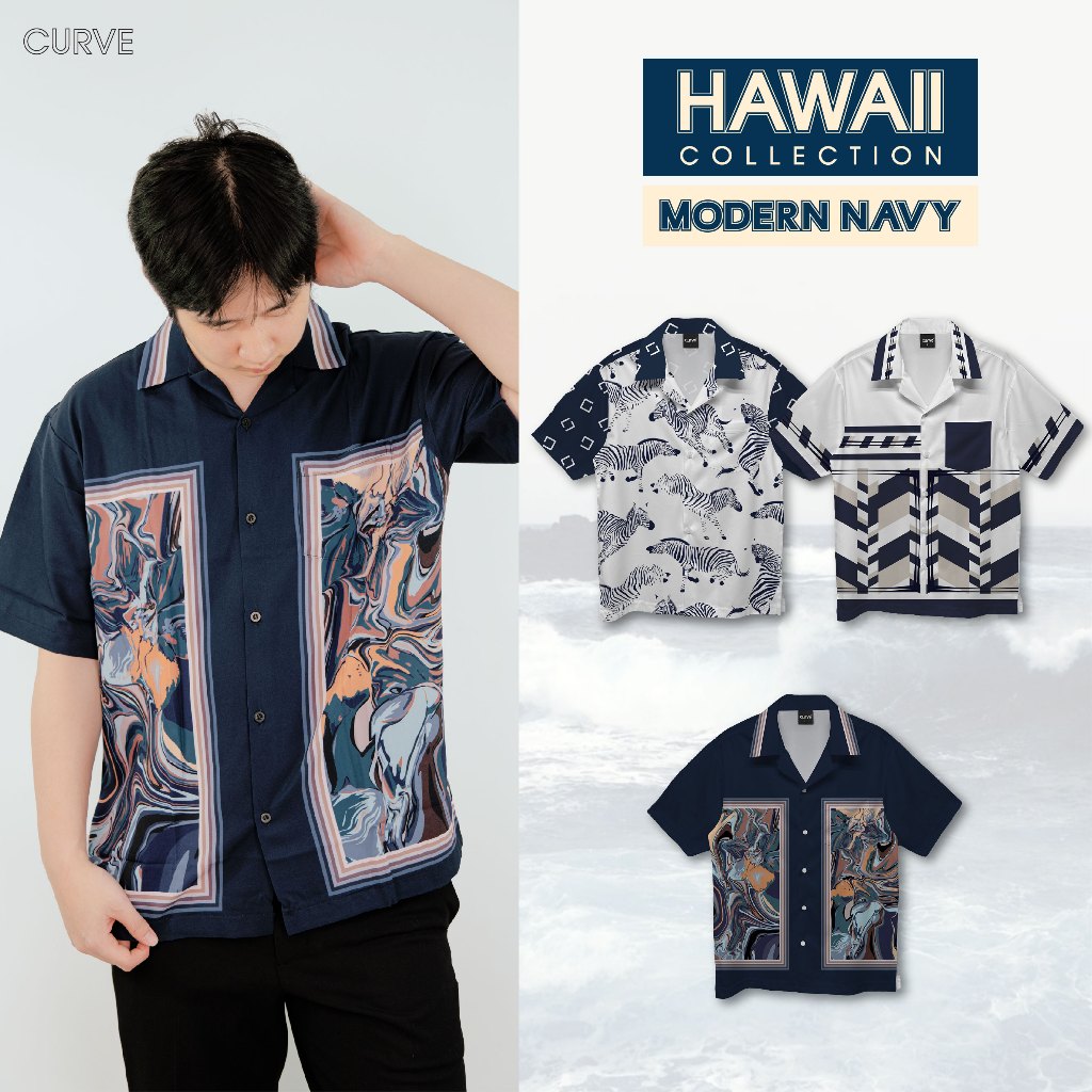 Curve เสื้อเชิ้ตฮาวาย ลาย Modern navy (Size S,M,L,XL,2XL) ใส่ลำลอง ใส่ไปเที่ยว พร้อมส่ง
