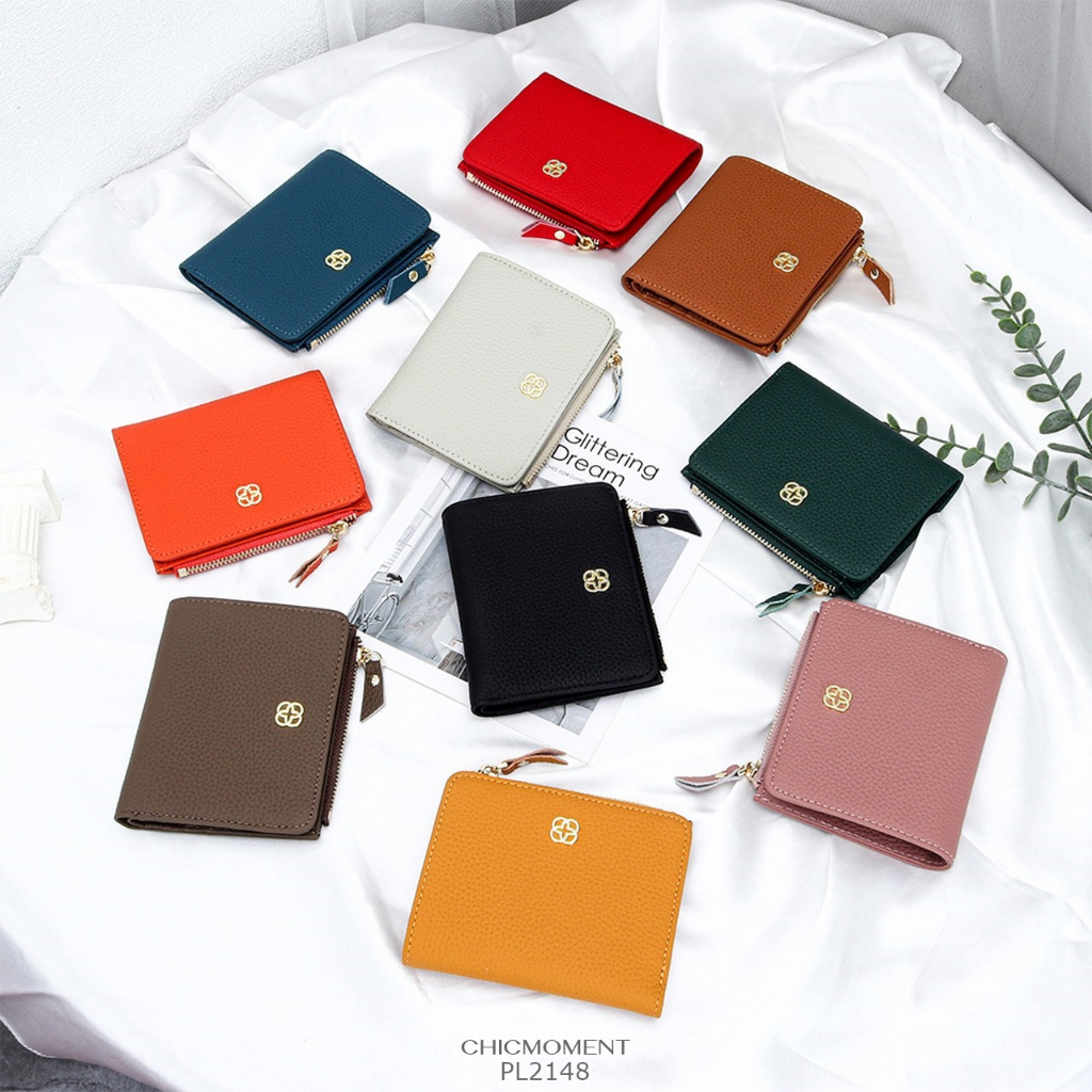 [พร้อมส่งในไทย] กระเป๋าสตางค์หนังแท้พร้อมกล่อง ใบสั้น2พับบางช่องแบงค์บัตรเหรียญครบ No. PL-2148 (กระเป๋าร้านชิค)