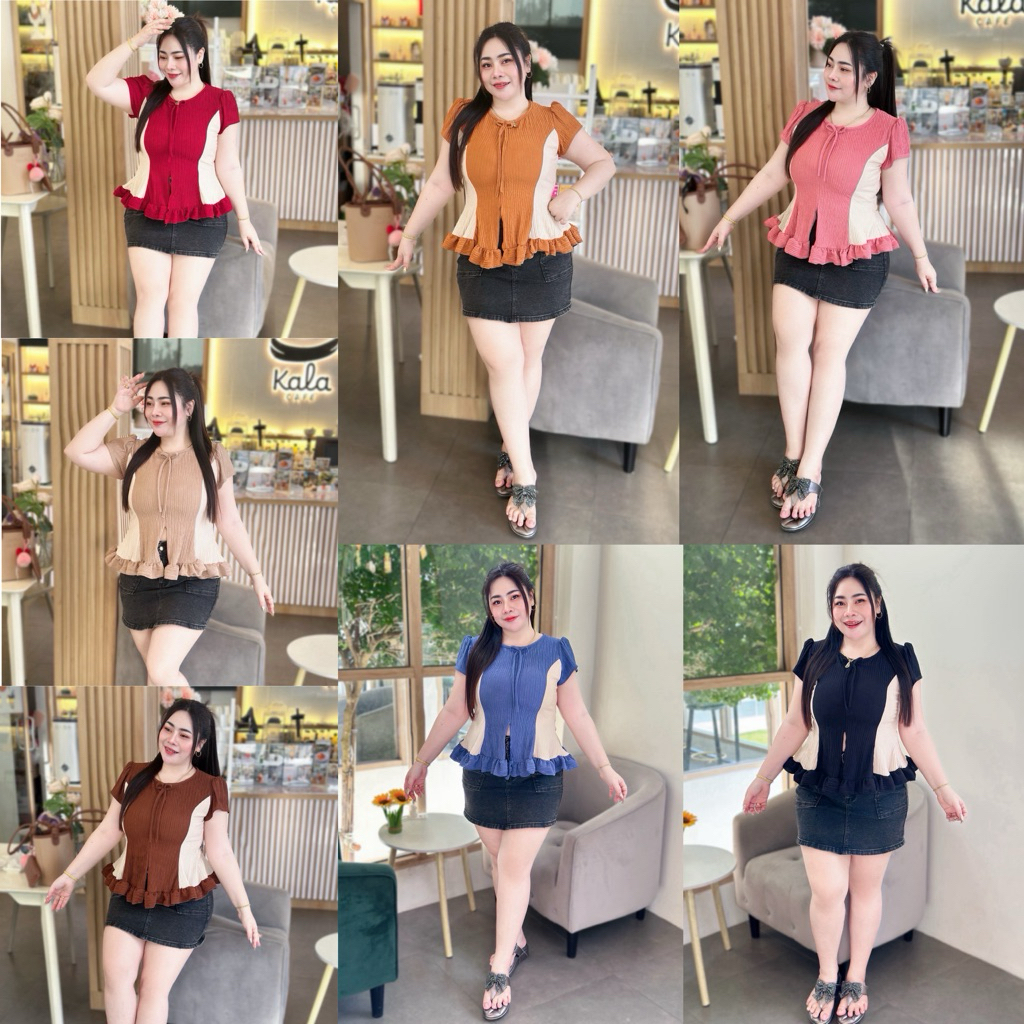 เสื้อสาวอวบ อก38-46 ทูโทน ชายระบาย แหวกหน้า  (A58)