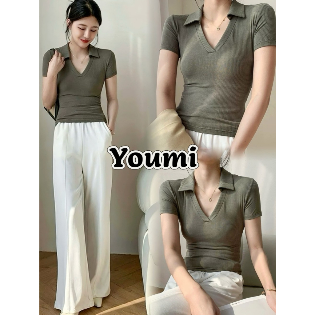 พร้อมส่ง สีพื้น เสื้อยืดคอโปโล เสื้อยืดผู้หญิง  แขนสั้น ดูเรียบร้อย สไตล์ลำลอง Youmi