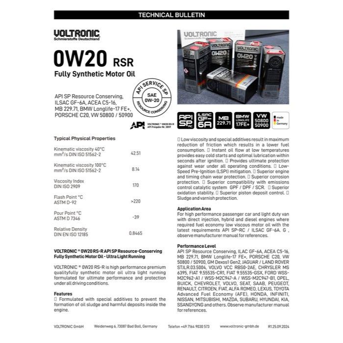 VOLTRONIC 0W-20 น้ำมันเครื่องรถยนต์สังเคราะห์แท้ 0W20 RS-R FULLY SYNTHETIC ขนาด 4 ลิตร - รูปที่ 2