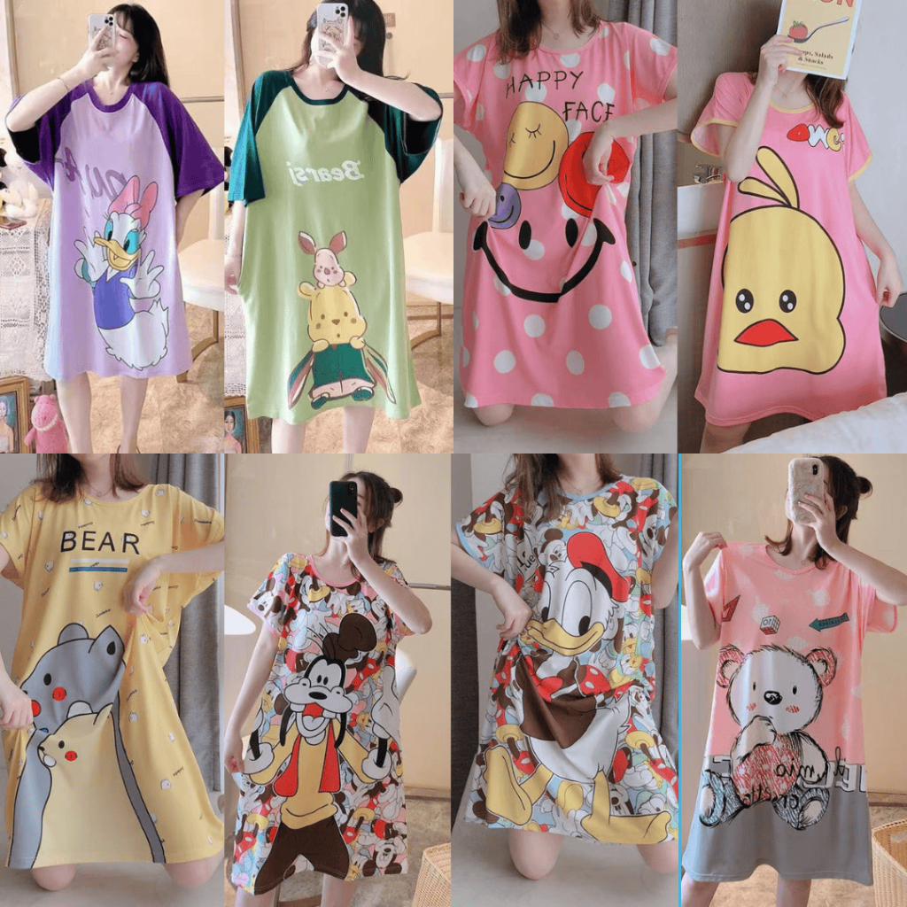 ADP FASHIONz ชุดนอนเดรสกระโปรงผู้หญิง ชุดนอนลายการ์ตูนน่ารัก ผ้านุ่มเด้ง ใส่สบาย ฟรีไซส์