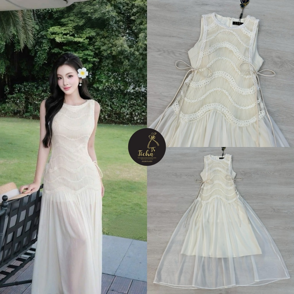 Ticha brand | Maxi เดรสแขนกุด สีครีม ดีไซน์แต่งเดรส2ชั้น เย็บติดมา ด้านข้างแต่งสายผูกโบว์ ขอบแขนแต่ง