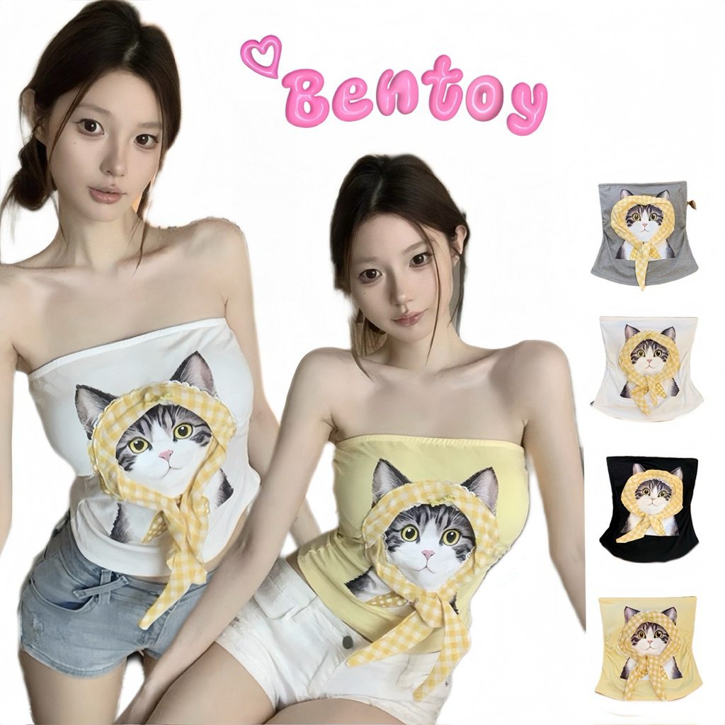 Bentoy(bratop5548)เกาะอกลายแมวสุดน่ารัก แต่งผ้าผูกหัว มีฟองน้ำในตัว nobra