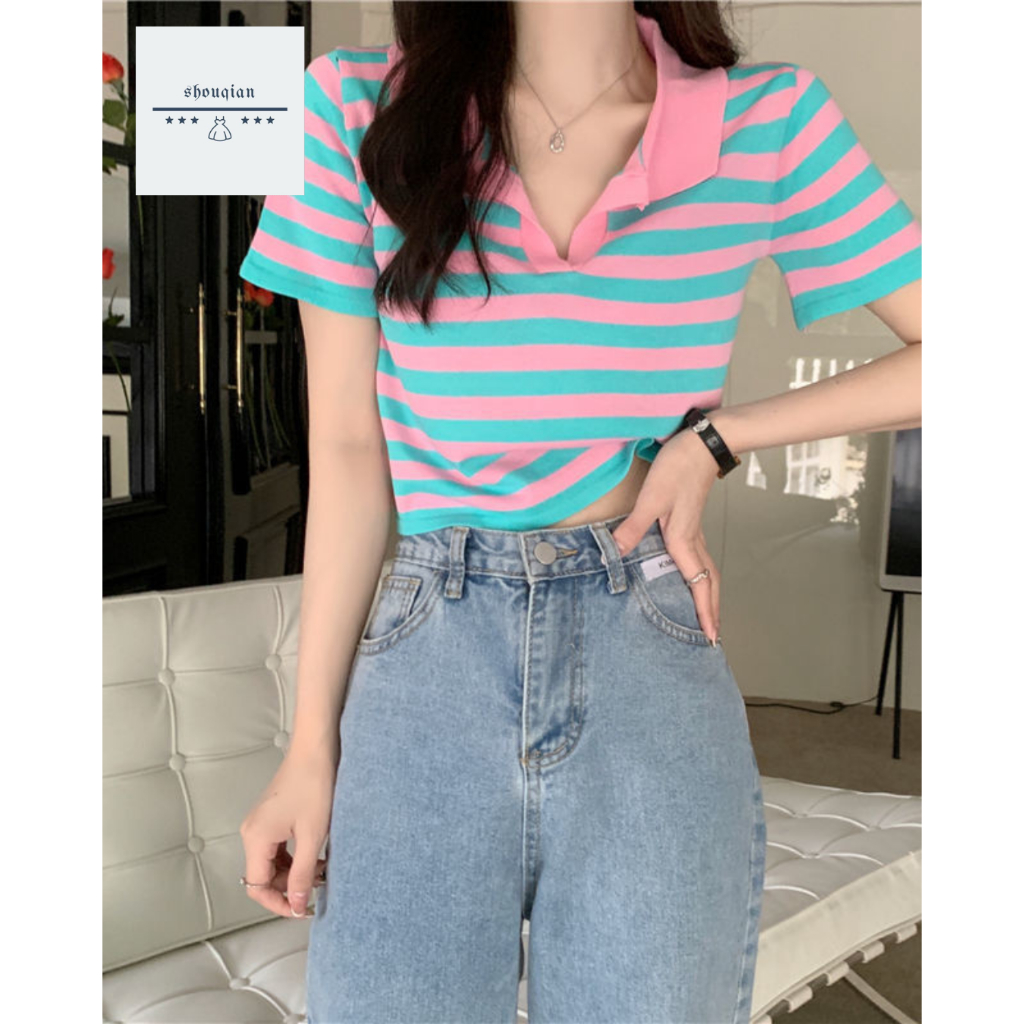 พร้อมส่งในไทย** เสื้อยืดไหมพรมคอปก ลายแถบ ผ้ายืดตัวสั้น Y60