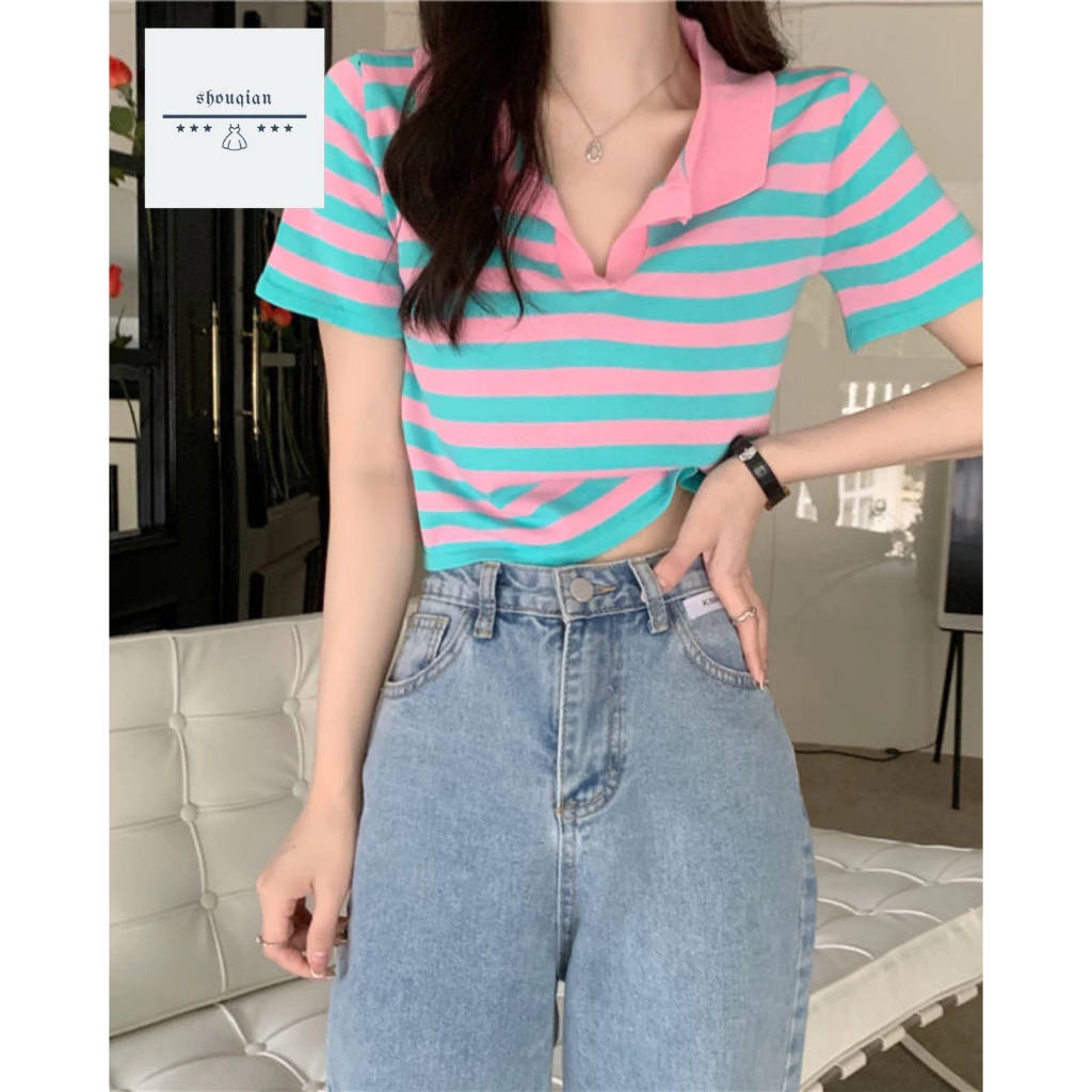 พร้อมส่งในไทย** เสื้อยืดไหมพรมคอปก ลายแถบ ผ้ายืดตัวสั้น Y60