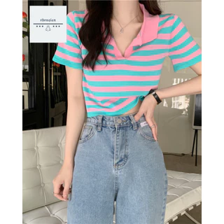 พร้อมส่งในไทย** เสื้อยืดไหมพรมคอปก ลายแถบ ผ้ายืดตัวสั้น Y60