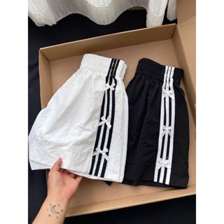 กางเกงลำลองขาสั้นเอวยางยืดลายทางผูกโบว์ดีไซน์เฉพาะสำหรับผู้ห…