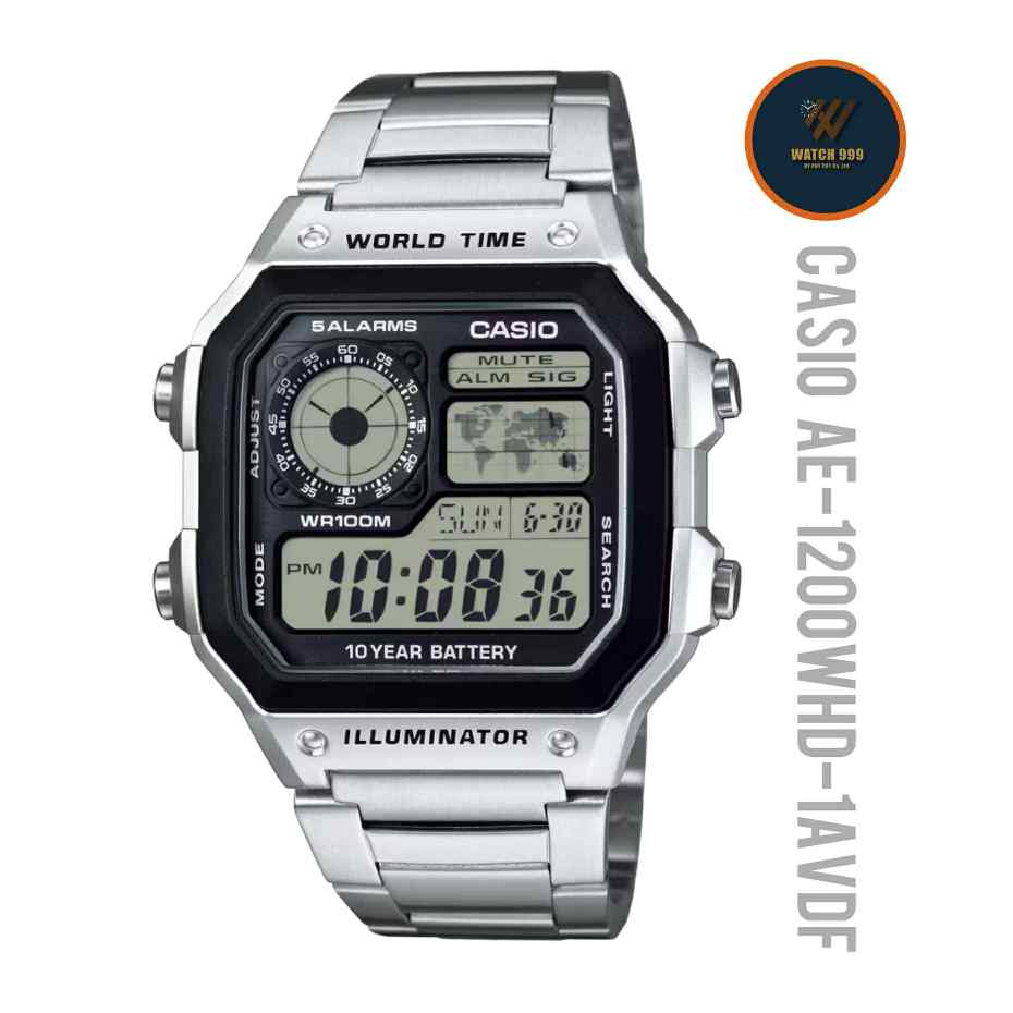 นาฬิกาข้อมือผู้ชาย Casioแท้ สายสแตนเลส World Time รุ่นAE-1200WHD-1AVDF แบตเตอรี่ 10 ปี  รับประกันศูนย์ทั่วประเทศ - รูปที่ 2