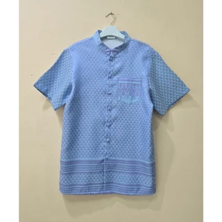 C006 เสื้อคอจีนผู้ชาย ชุดไทยเด็กผู้ชาย แขนสั้น ฟ้าลายไทยสง่า งานบวช สีฟ้า พ่อลูก
