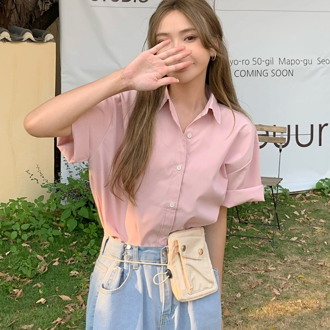 พร้อมส่ง 🌸เสื้อเชิ้ตแขนสั้นพับ Pastel สไตล์  Korea 🌸 โทนครีมสดใส